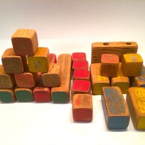 Vintage Building Blocks Windows Doors Rustic Primitive Toy Blue Red Green Yellow